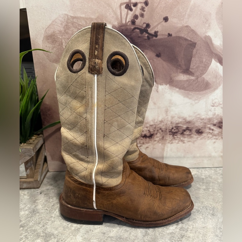 HP Horsepower Men's Fits 8 D Green/Brown Leather Square Toe Cowboy Boots